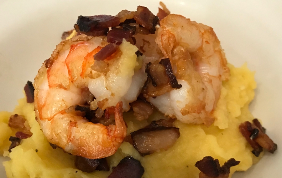Whipped Rutabaga with crispy bacon and shrimp